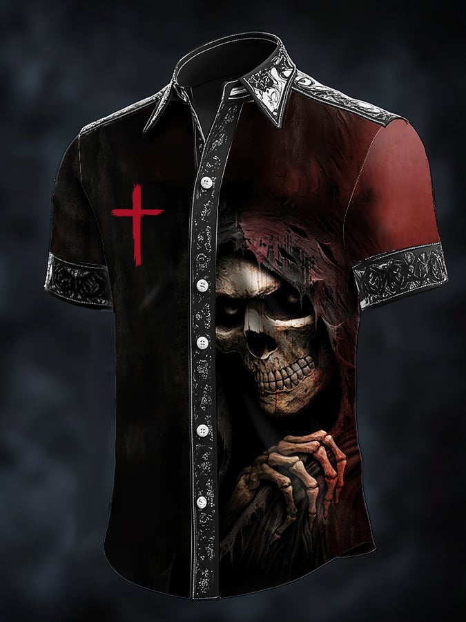 Camisa casual de moda Skull Grim Reaper de manga corta para hombre