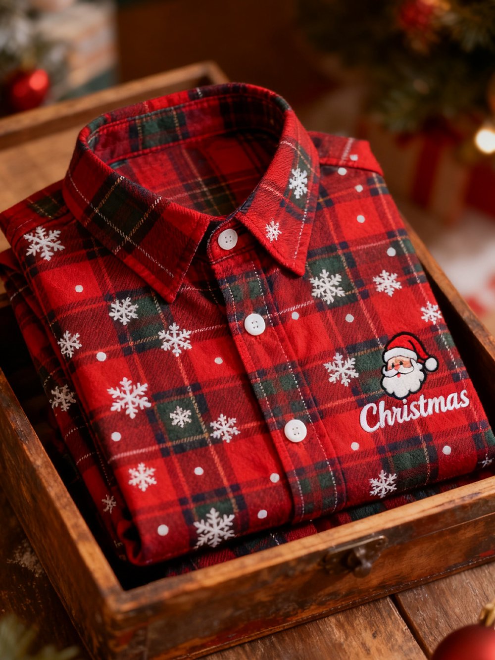 Camisa retro Christmas a cuadros diseño de manga larga para hombre