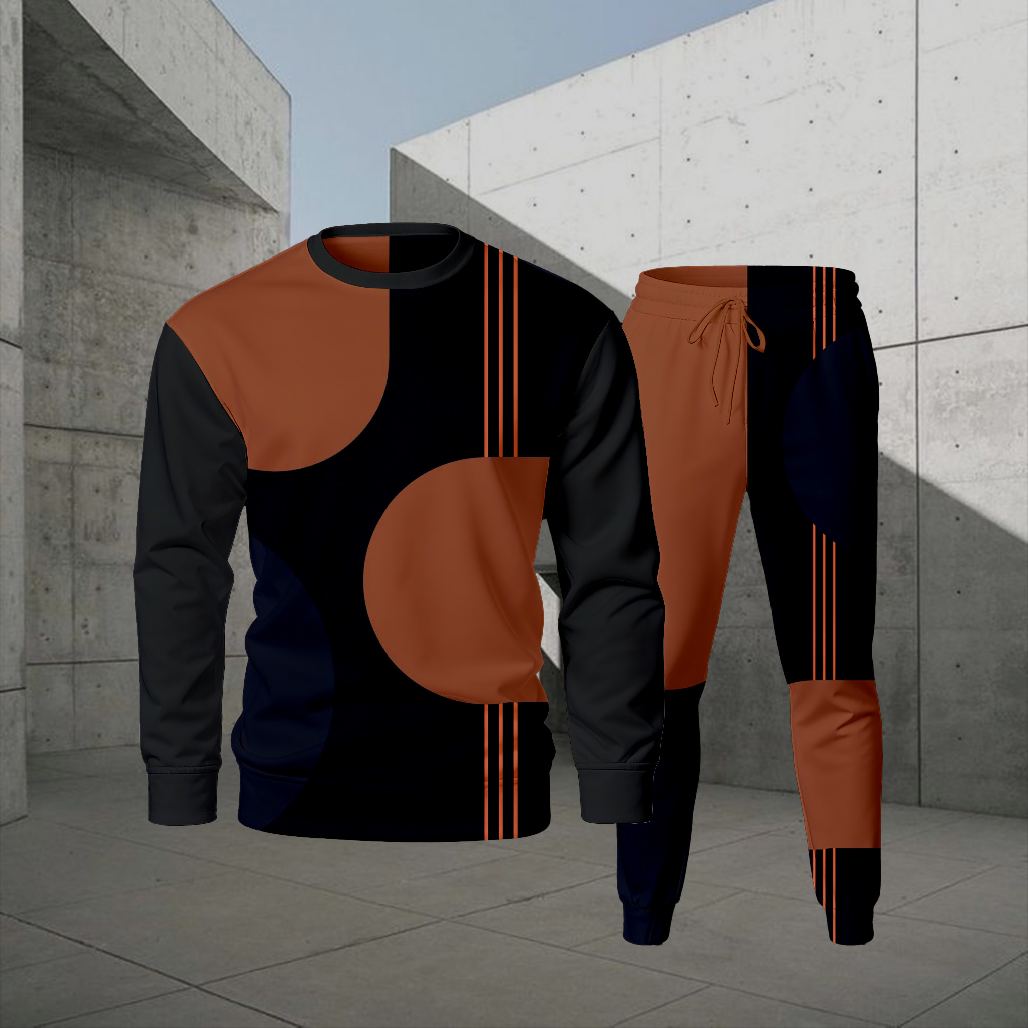Conjunto de dos piezas casual Color Matching estampado Round-Neck de manga larga sudaderas Trousers para hombre