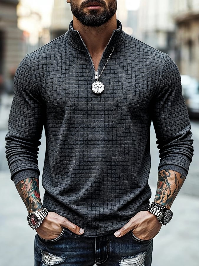 Sudadera vintage tejidoted tejido tipo waffle con cierre para hombre