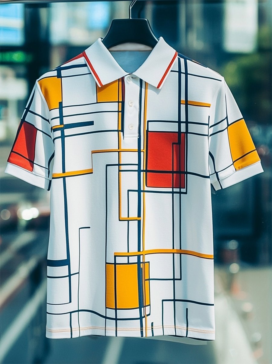 Camisa polo ejecutivo casual Bauhaus estampado Button de manga corta para hombre