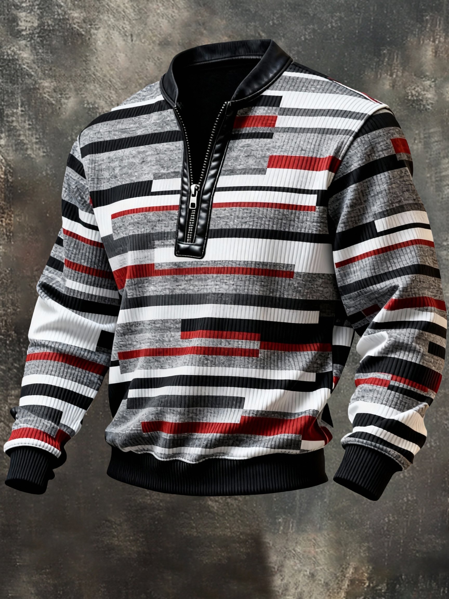 Sudadera casual retro Contrast Color Half Zip Stand cuello de manga larga para hombre