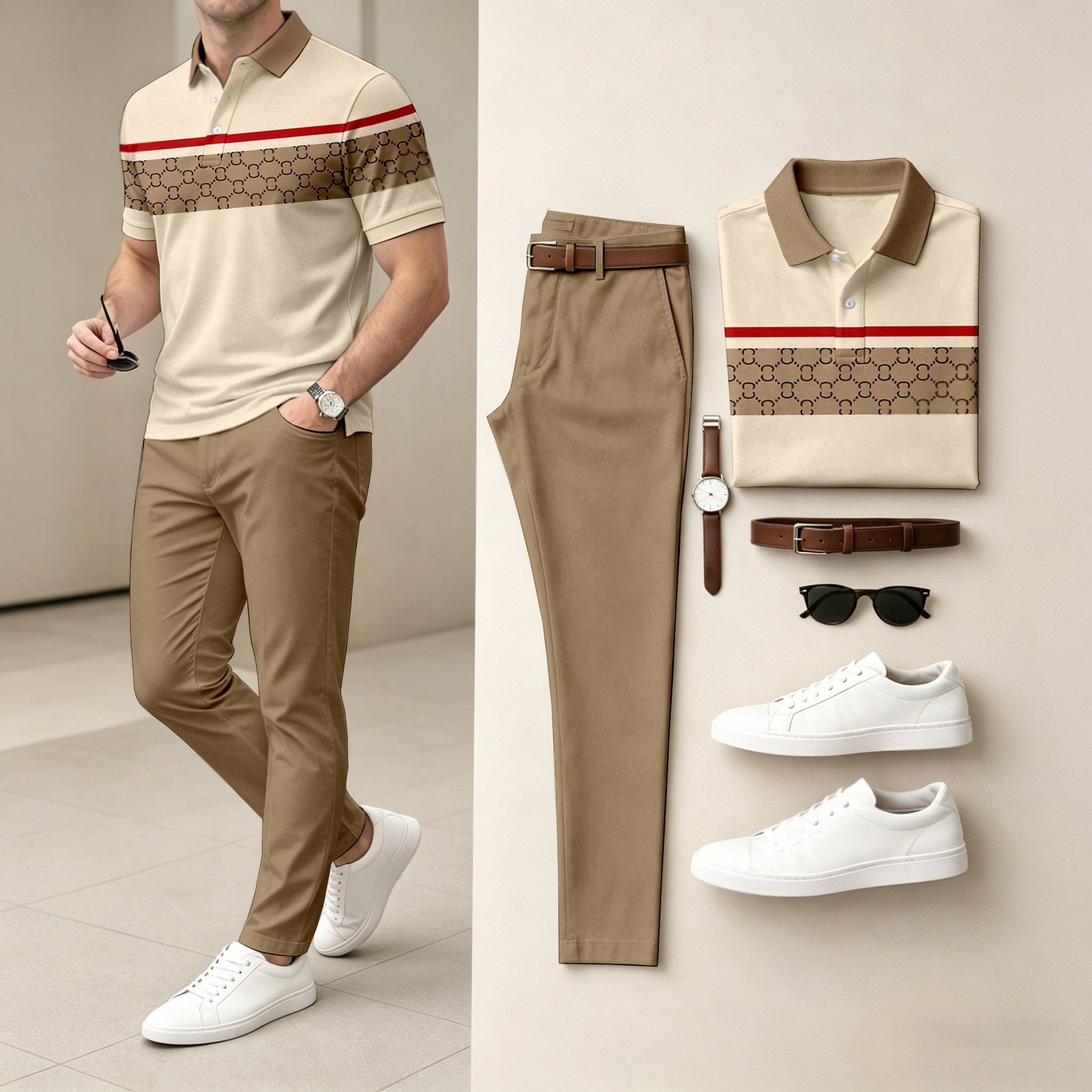 Conjunto de dos piezas casual Off-White Checkered estampado camisa polo And pantalón para hombre