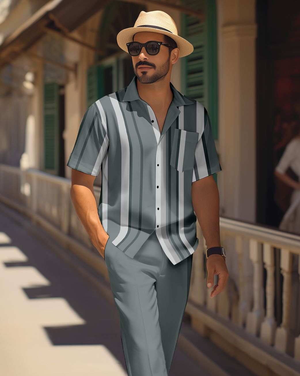 Camisa retro colorblock de manga corta walking Suit 1697 para hombre