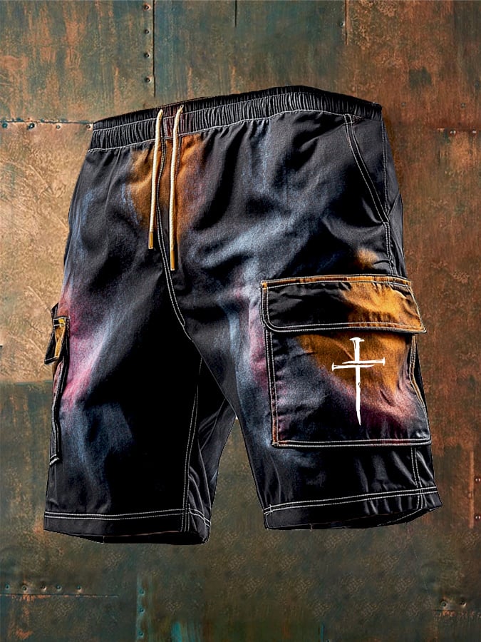 Shorts retro Cross estampado degradado Multi-bolsillo para hombre