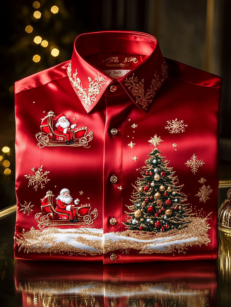 Camisa Christmas satén Luxe de manga larga con botones para hombre