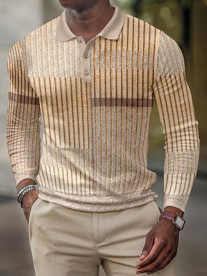 Camisa polo estampado casual Waffle de manga larga para hombre