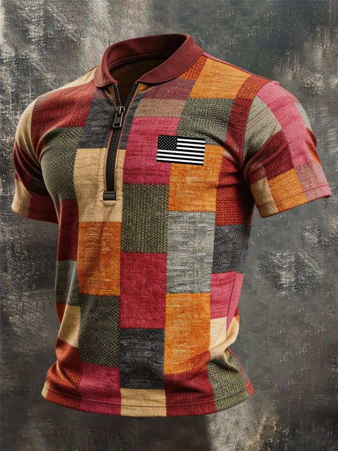 Camiseta retro Color-Block con cierre para hombre