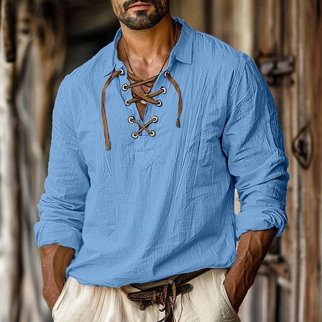 Camisa de lino camisa Viking Style Pirate camisa Summer camisa Beach Wear White Orange Green Light Blue de manga larga de color sólido Collarless Street para uso diario Clothing Apparel para hombre