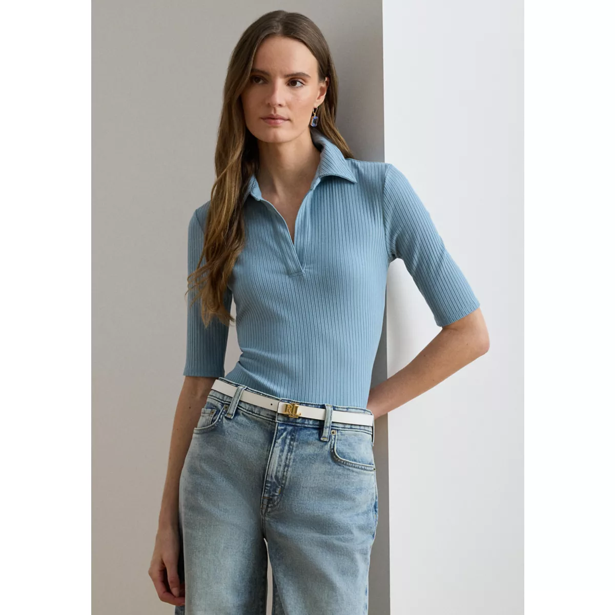 Women's Rib-Knit Elbow-Sleeve Polo T-Shirt - 3