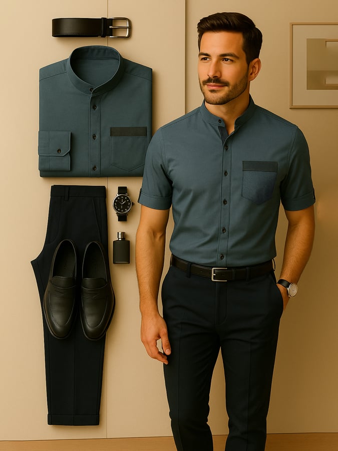 Camisa Color Matching High-End Light de lujo ejecutivo casual de manga corta para hombre
