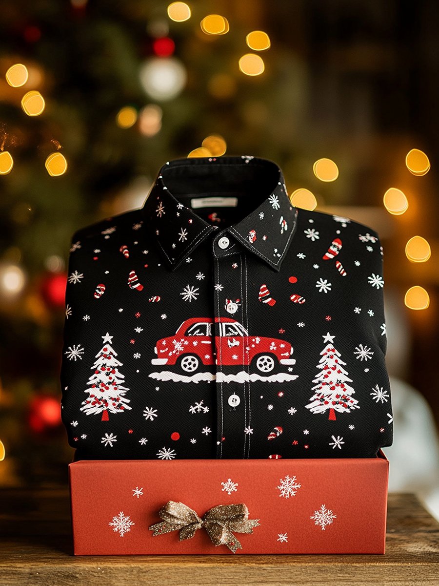 Camisa ejecutivo Christmas Car and Christmas Tree de manga larga para hombre