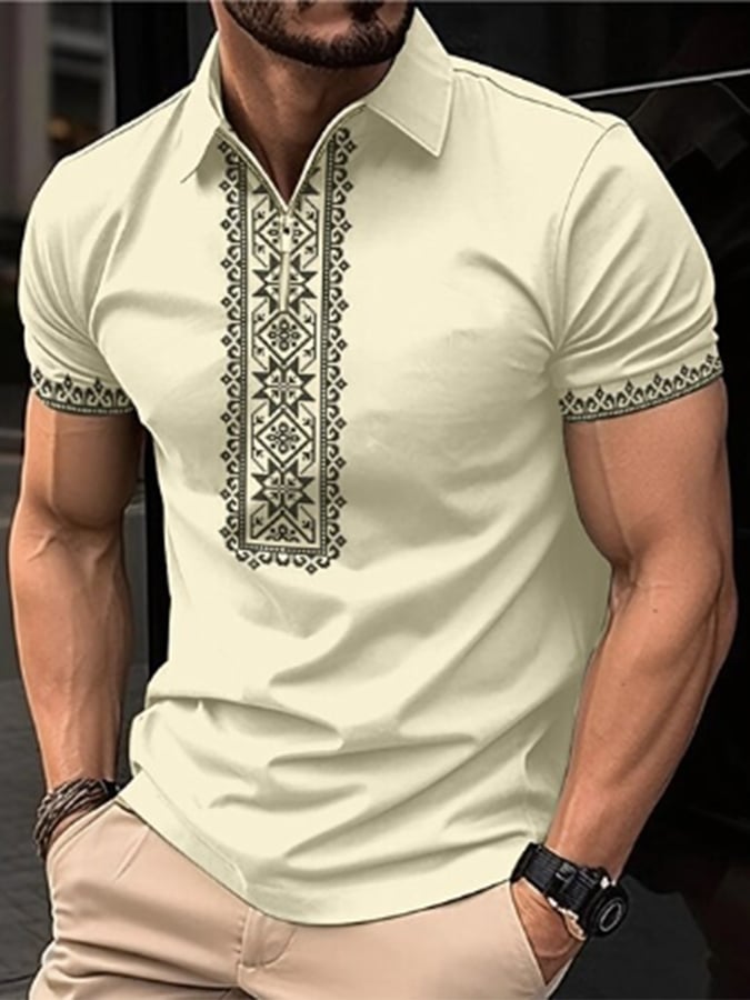 Camisa polo retro Tribal Pattern Colorblock Lapel Zipper Pullover casual