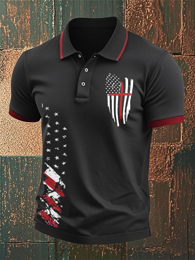 Camisa polo Flag Faith Cross estampado para hombre