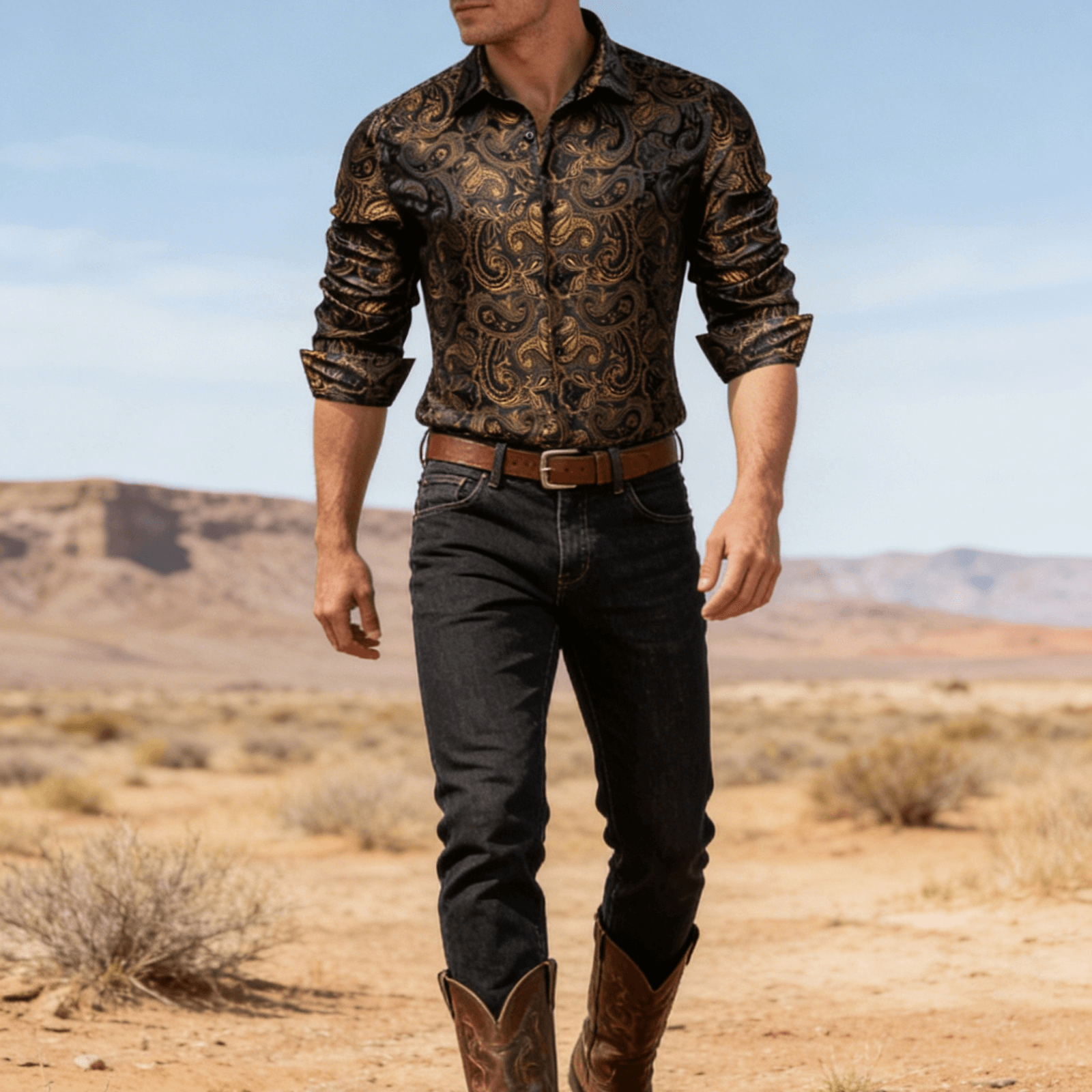 Camisa Gold casual for Men Paisley de manga larga con botones camisa