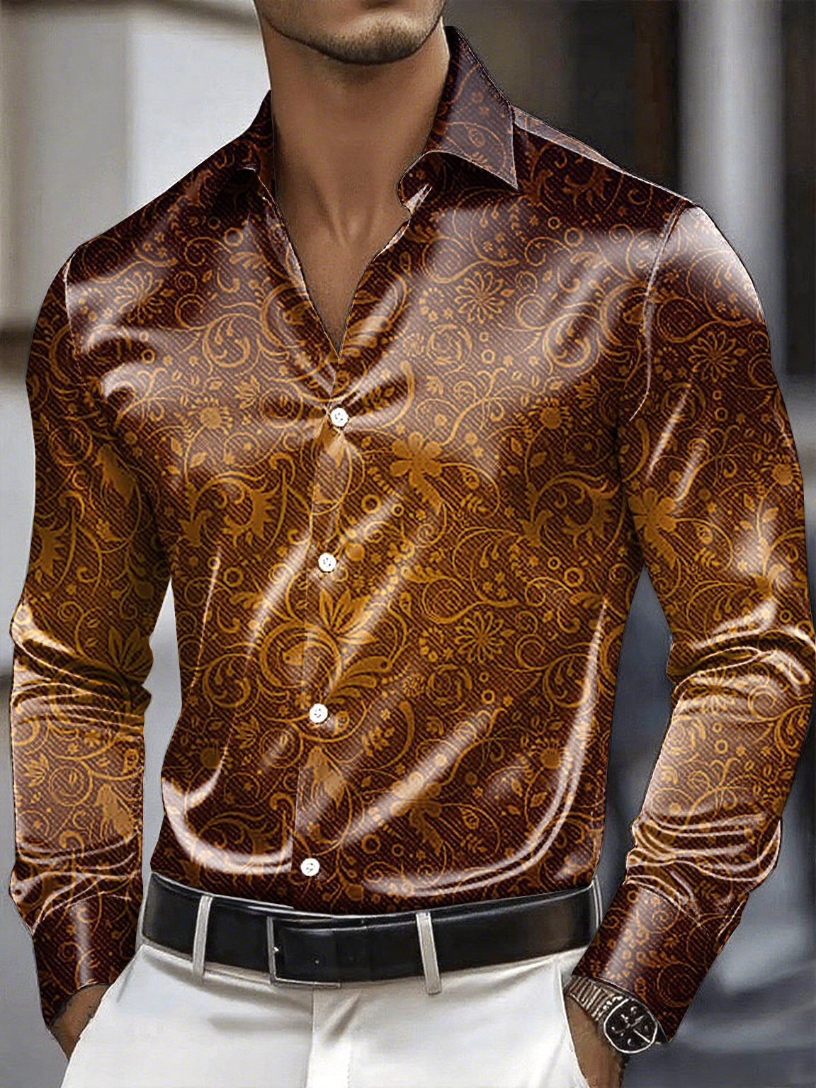 Camisa satén Luxe de manga larga con botones para hombre