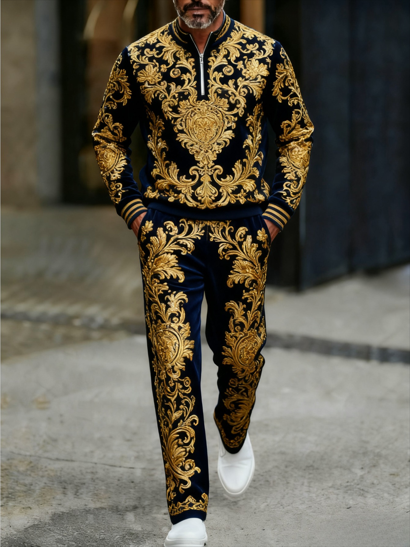 Conjunto de dos piezas casual Gold & Black Color Matching Flower estampado Round-Neck Zipper de manga larga Trousers para hombre