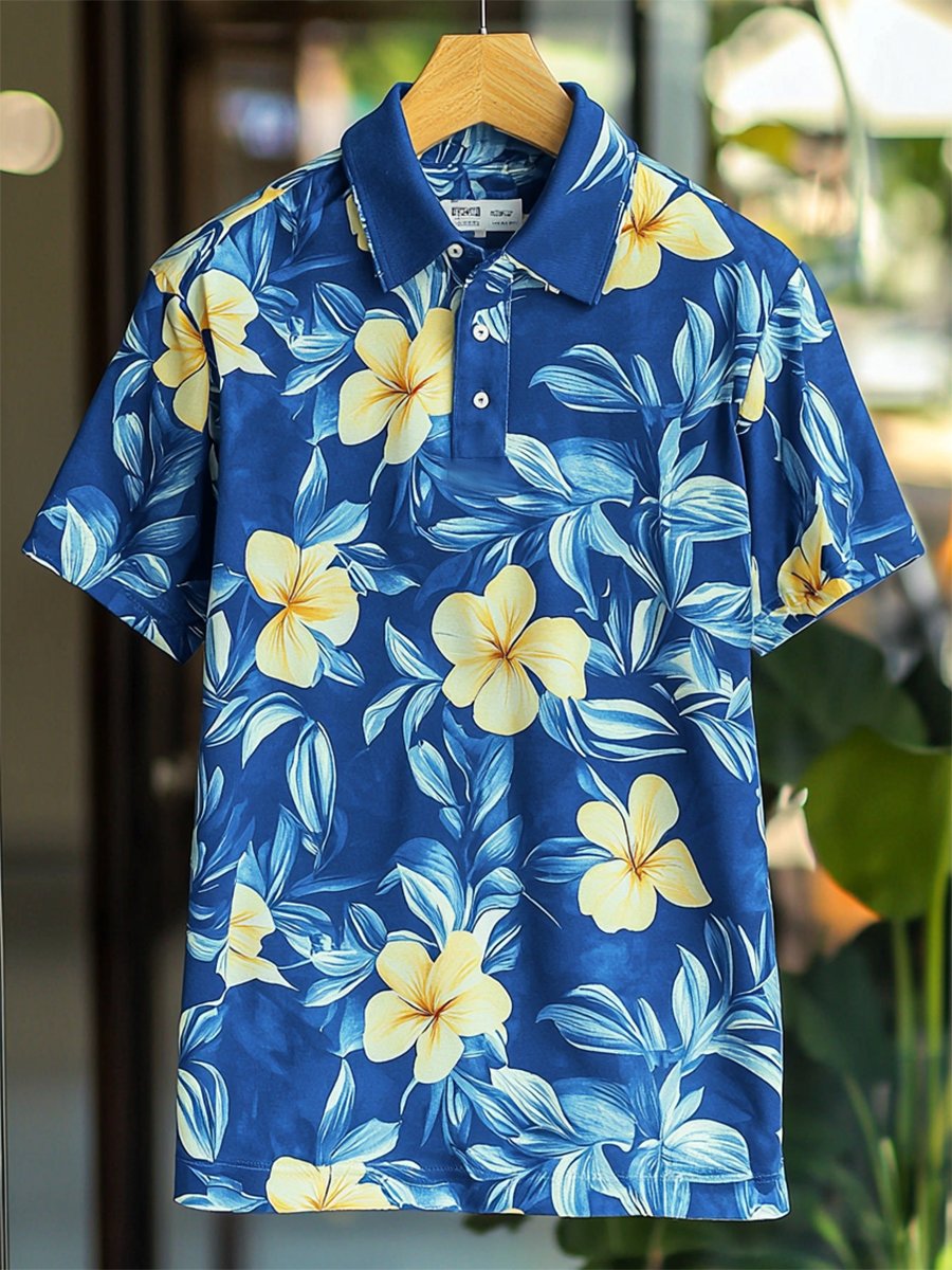 Camisa polo Resort floral estampado Button de manga corta para hombre