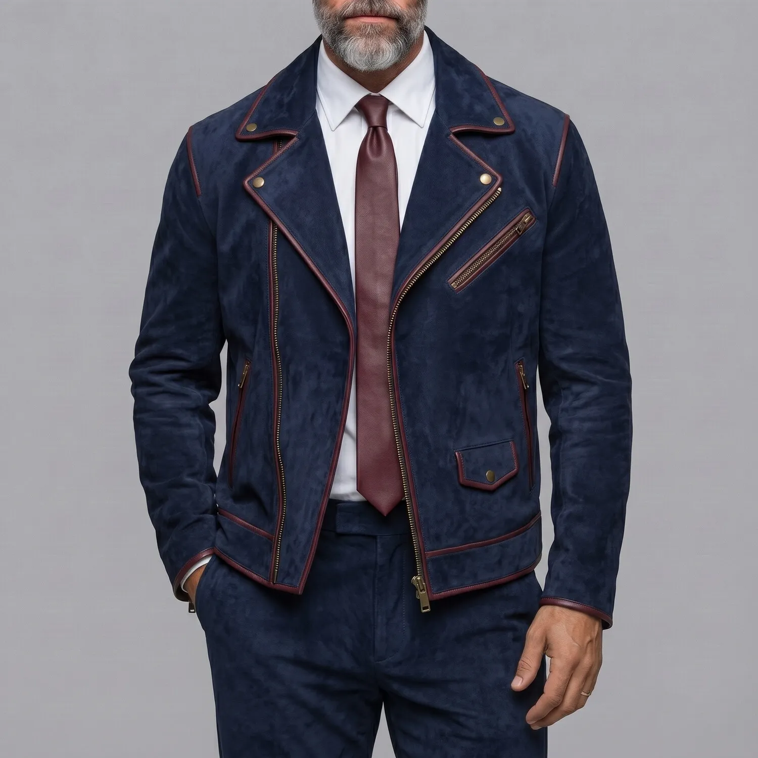 para hombre clásico Navy Blue Suede Contrast Piping Asymmetrical Zipper de corte entallado chaqueta