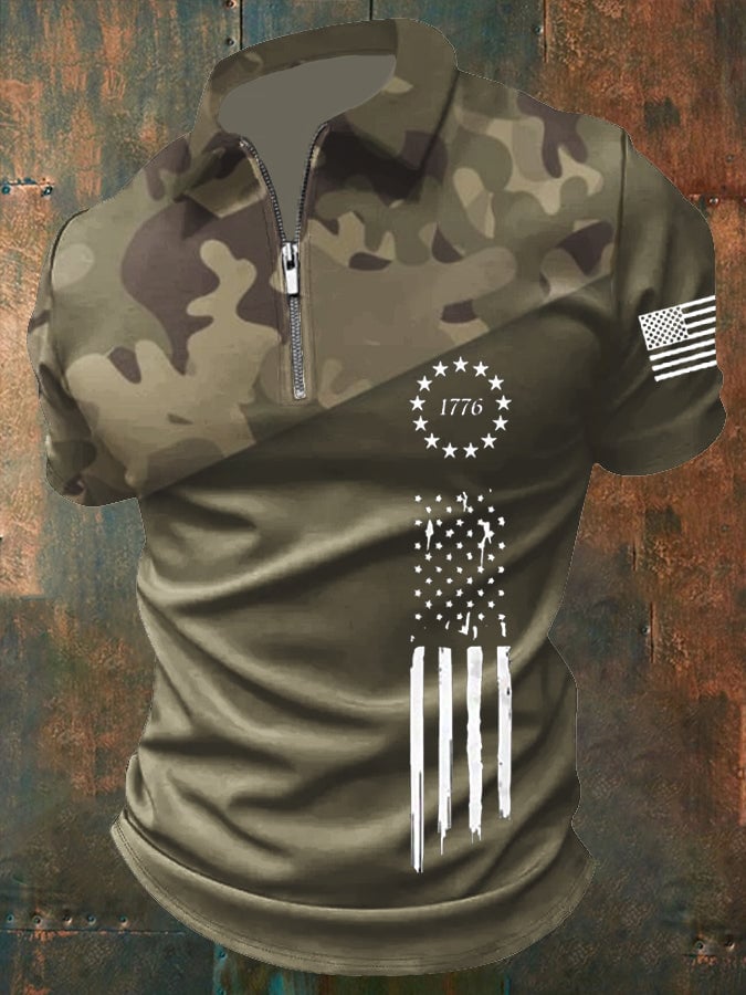 Camisa polo vintage camuflaje Flag estampado de manga corta para hombre