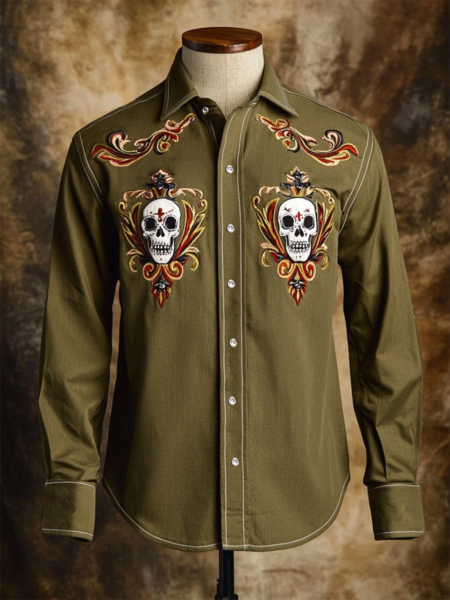 Camisa retro casual Skull estampado de manga larga para hombre