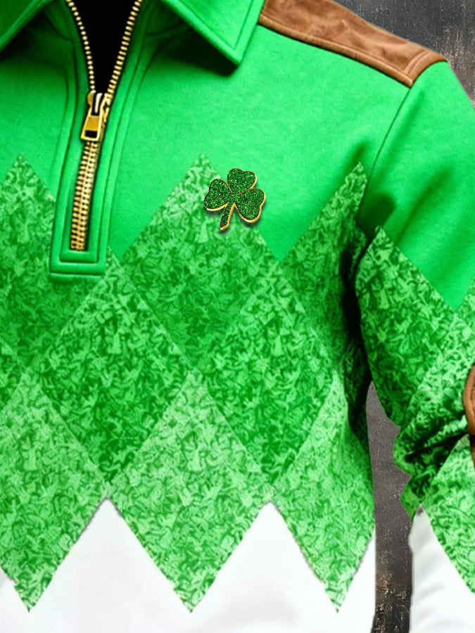 Sudadera (Detachable Shamrock Brooch Included) St. Patrick's Day estampado Color-Block con cierre con gorrasucha para hombre