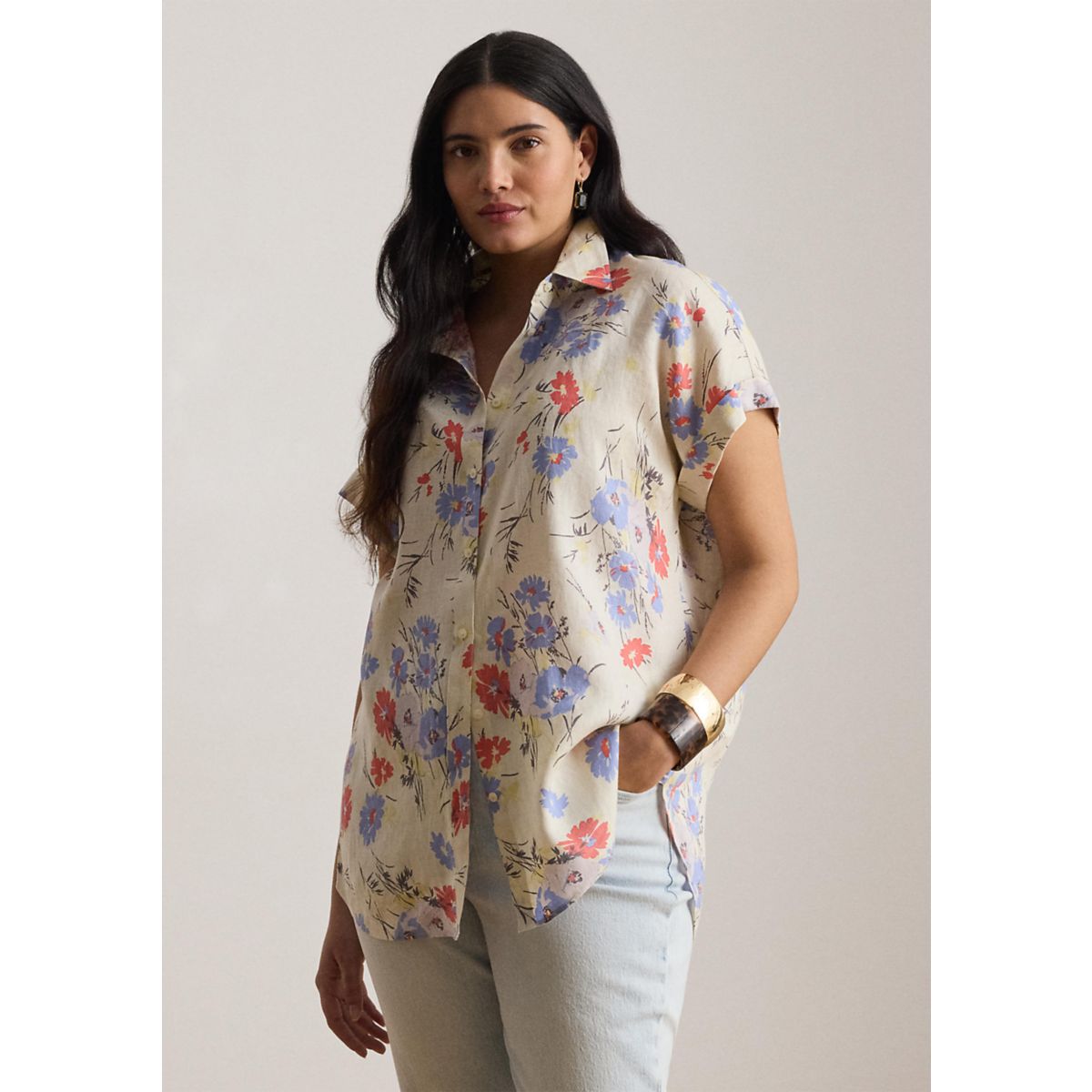 Plus Size Relaxed Fit Floral Short-Sleeve Shirt - 1