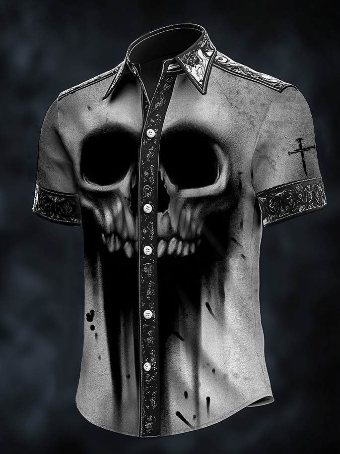 Camisa Dark Skull estampado satén de manga corta para hombre