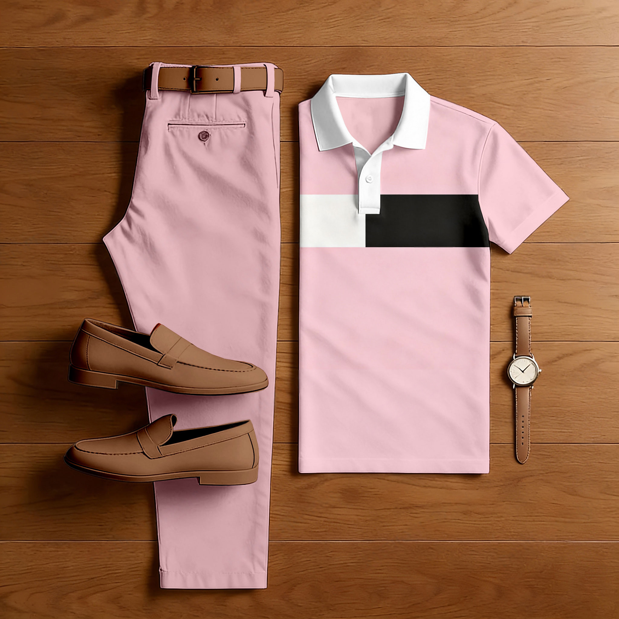 Conjunto de dos piezas casual Pink Geometric estampado camisa polo And pantalón para hombre