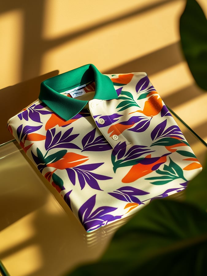 Camisa polo clásico ejecutivo Old Money Button de manga corta Leaves para hombre