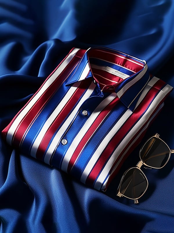 Camisa satén de lujo vintage a rayas de manga corta para hombre