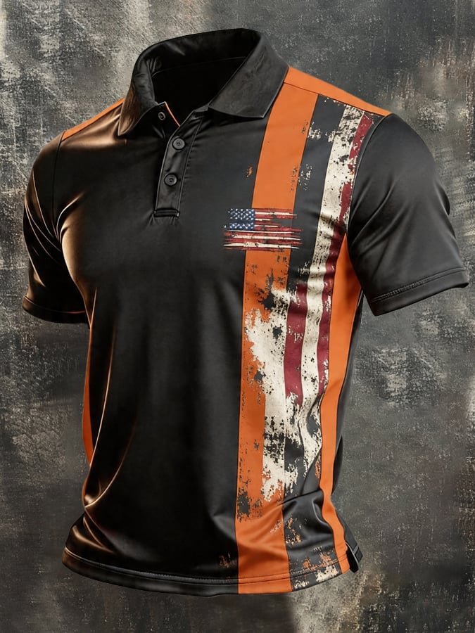 Camisa polo retro Patriotic Color-Block de manga corta para hombre