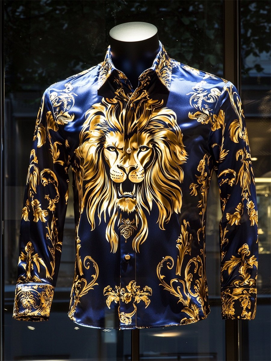 Camisa satén Luxe Lion de manga larga con botones para hombre