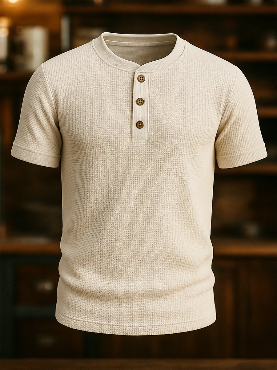 Camiseta de algodón Waffle casual de manga corta Henley Neck para hombre