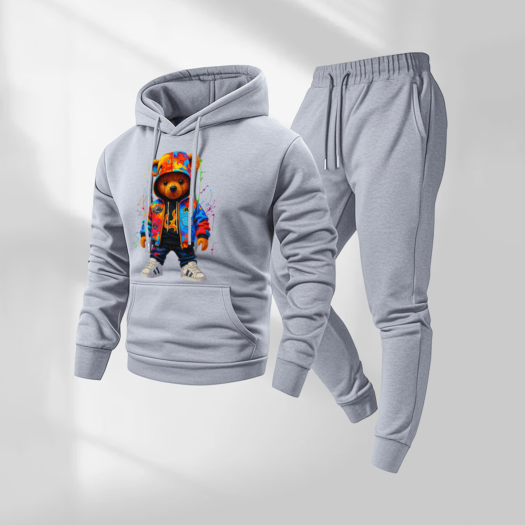 Sudadera con capucha Ink Splatter Cartoon Bear Patterned And Drawstring Track pantalón Set, casual Athletic de manga larga Hooded chaqueta And pantalón, Suitable For Fall And Winter, Street Style sudadera con capucha Set, Indoor And para exterior Sportswear, para hombre