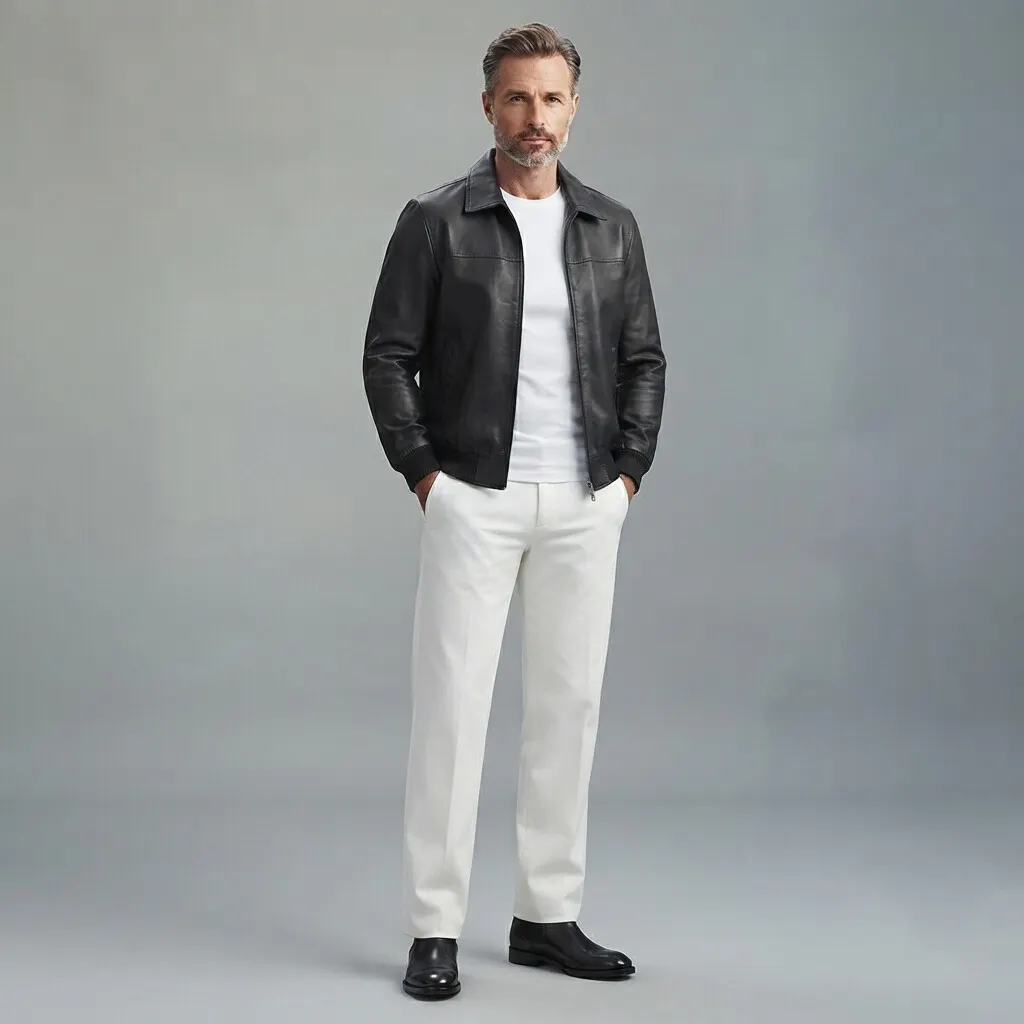 para hombre Plain PU Leather Turndown Collar Slant Pockets Slim con cierre Bomber chaqueta