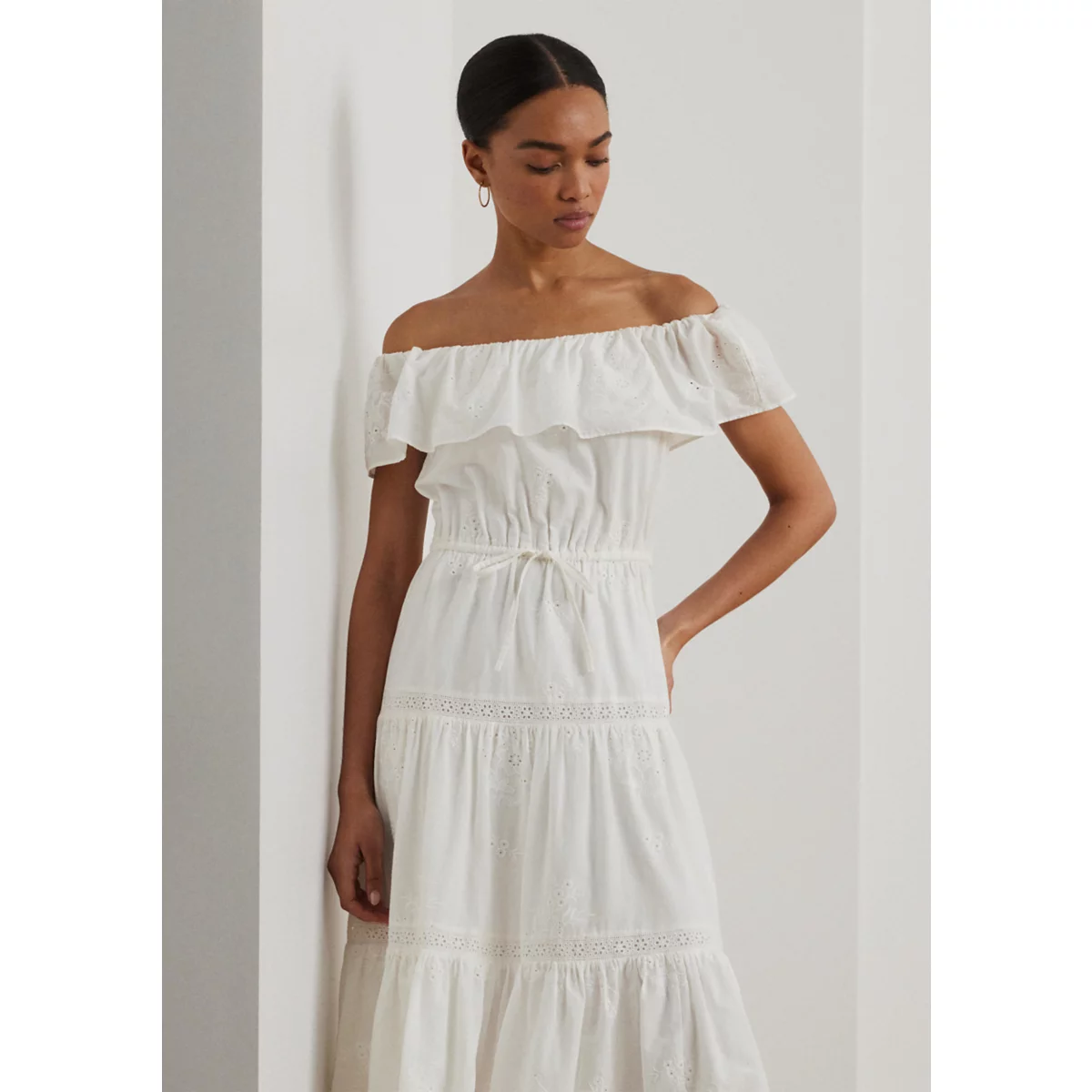 Cotton Off the Shoulder Tiered Dress - 3