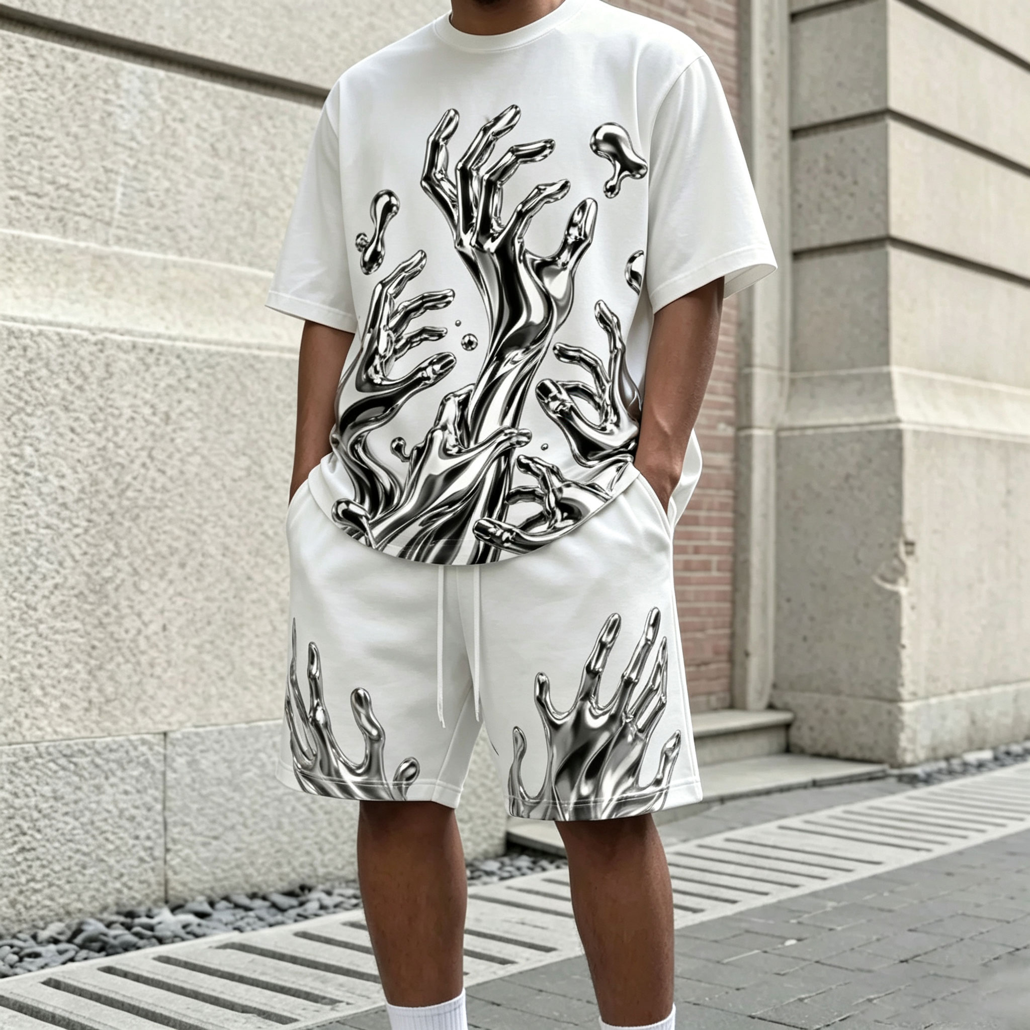 Conjunto de dos piezas casual 3D Liquid Metal Silver-estampado Round-Neck de manga corta camiseta and shorts para hombre