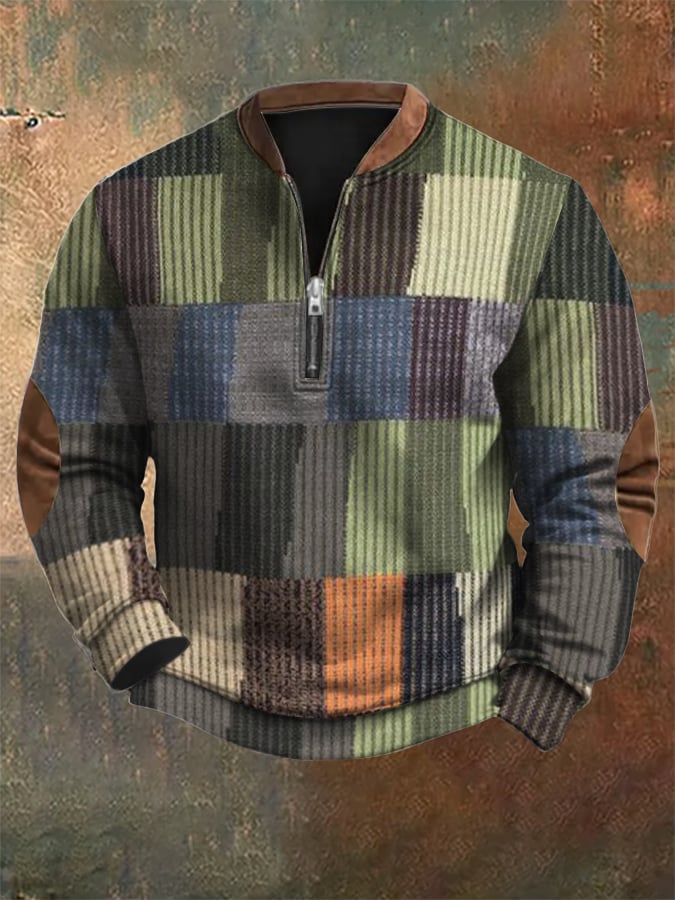 Sudadera retro Western texturizado estampado Zip cuello para hombre