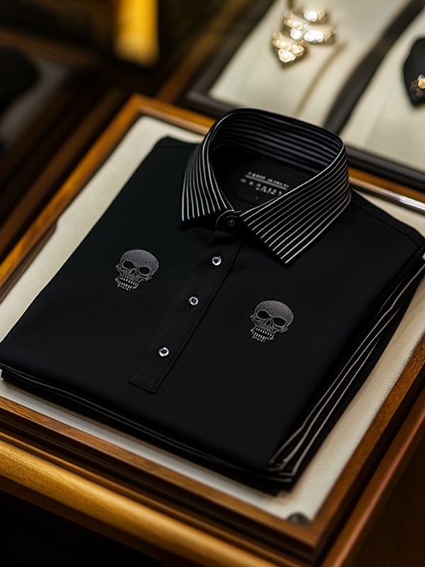 Camisa polo ejecutivo casual Skull estampado con botones para hombre