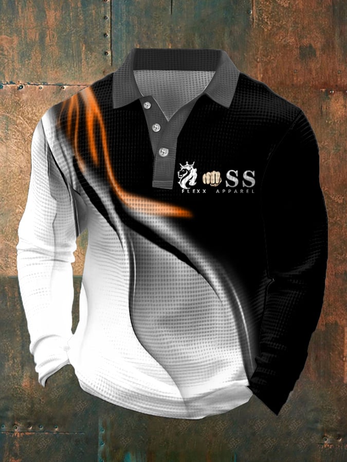 Camisa polo retro Letter Design Waffle Fabric de manga larga para hombre