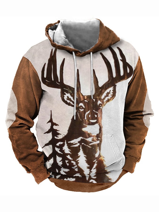 Sudadera retro Three-Dimensional Engraved Elk estampado Hooded para hombre