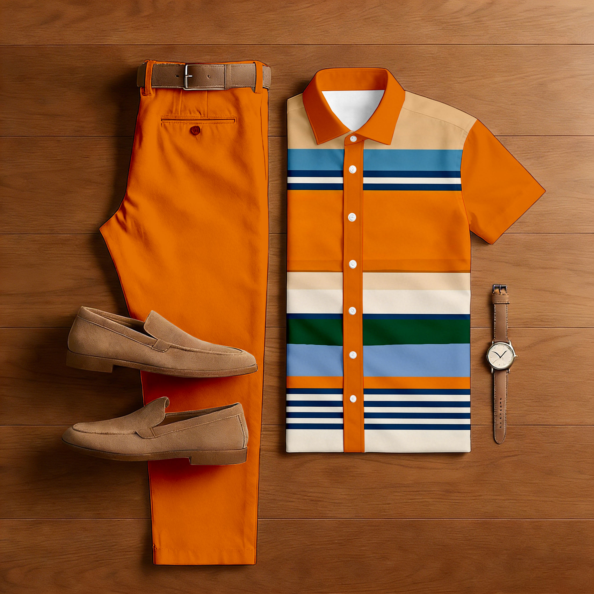 Conjunto de dos piezas casual Orange & Multi Color Matching a rayas estampado de manga corta camisa & Trousers para hombre