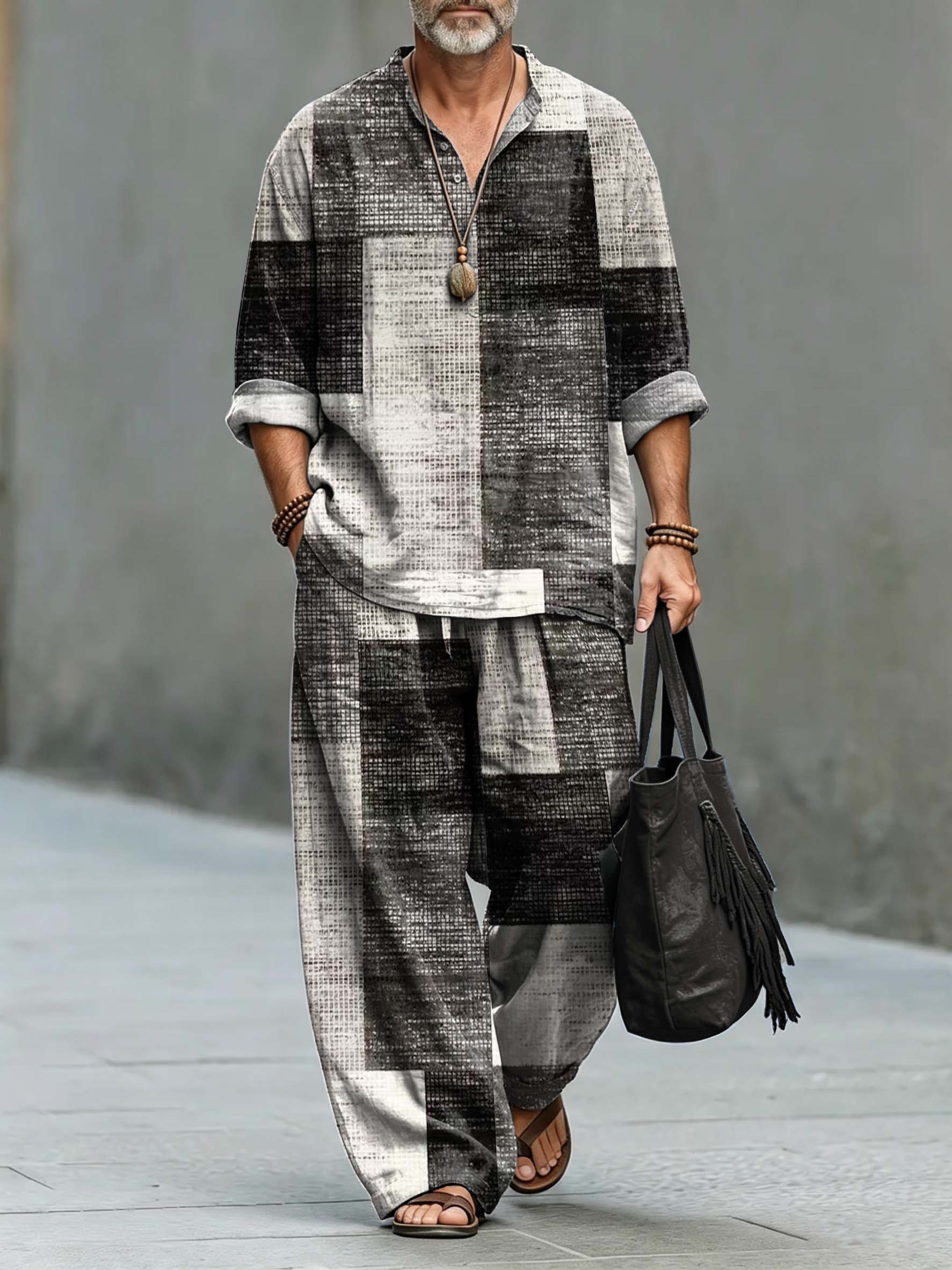 para hombre retro Geometric Patchwork Art Print de algodón camisa Set