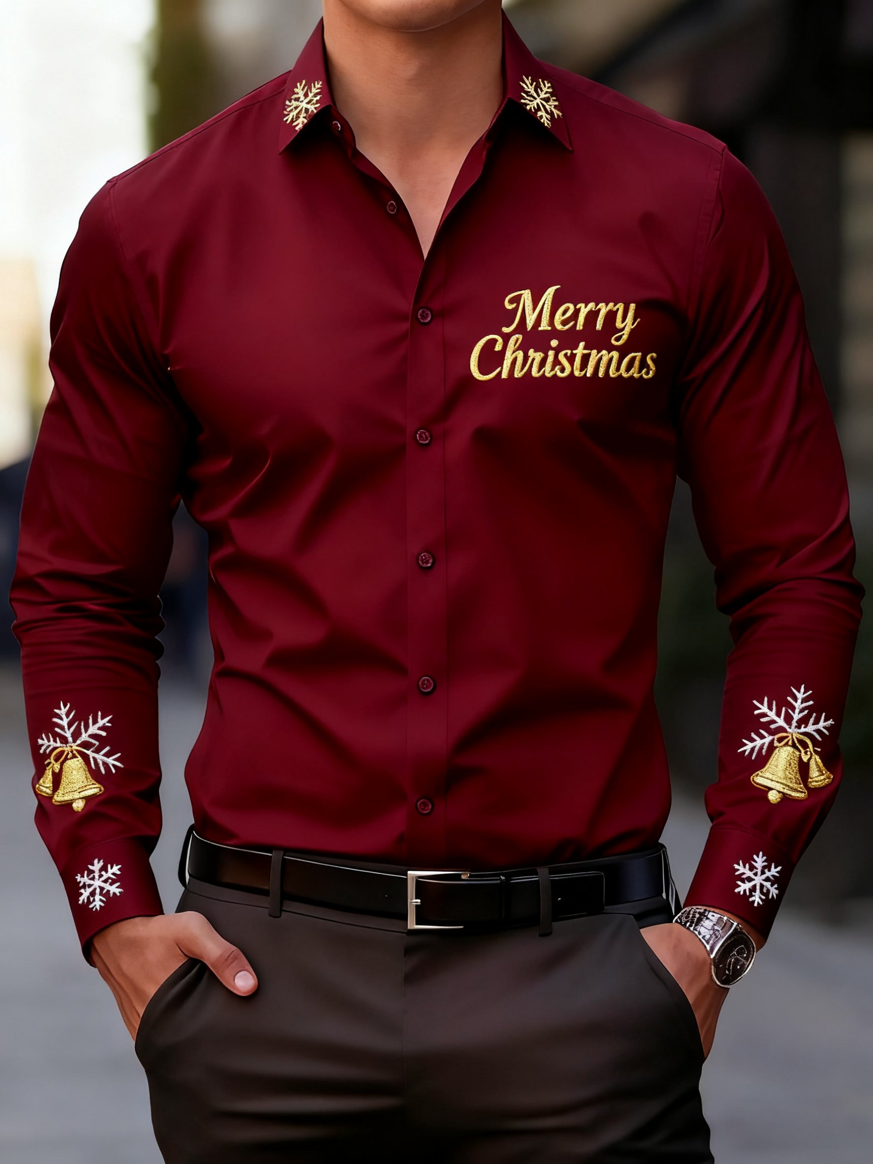 Camisa ejecutivo Christmas estampado de manga larga para hombre