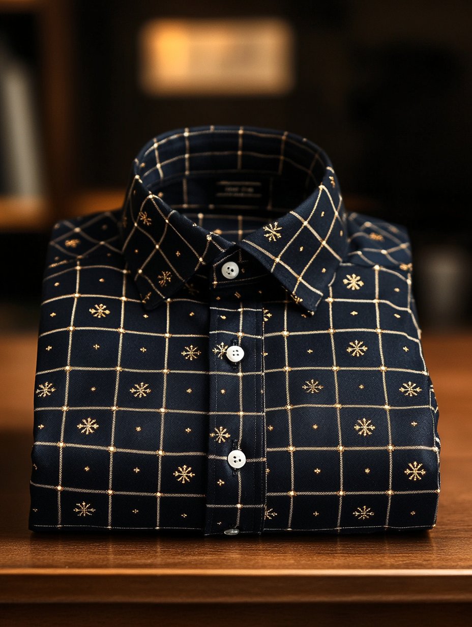 Camisa ejecutivo retro a cuadros Christmas Snowflake estampado de manga larga para hombre