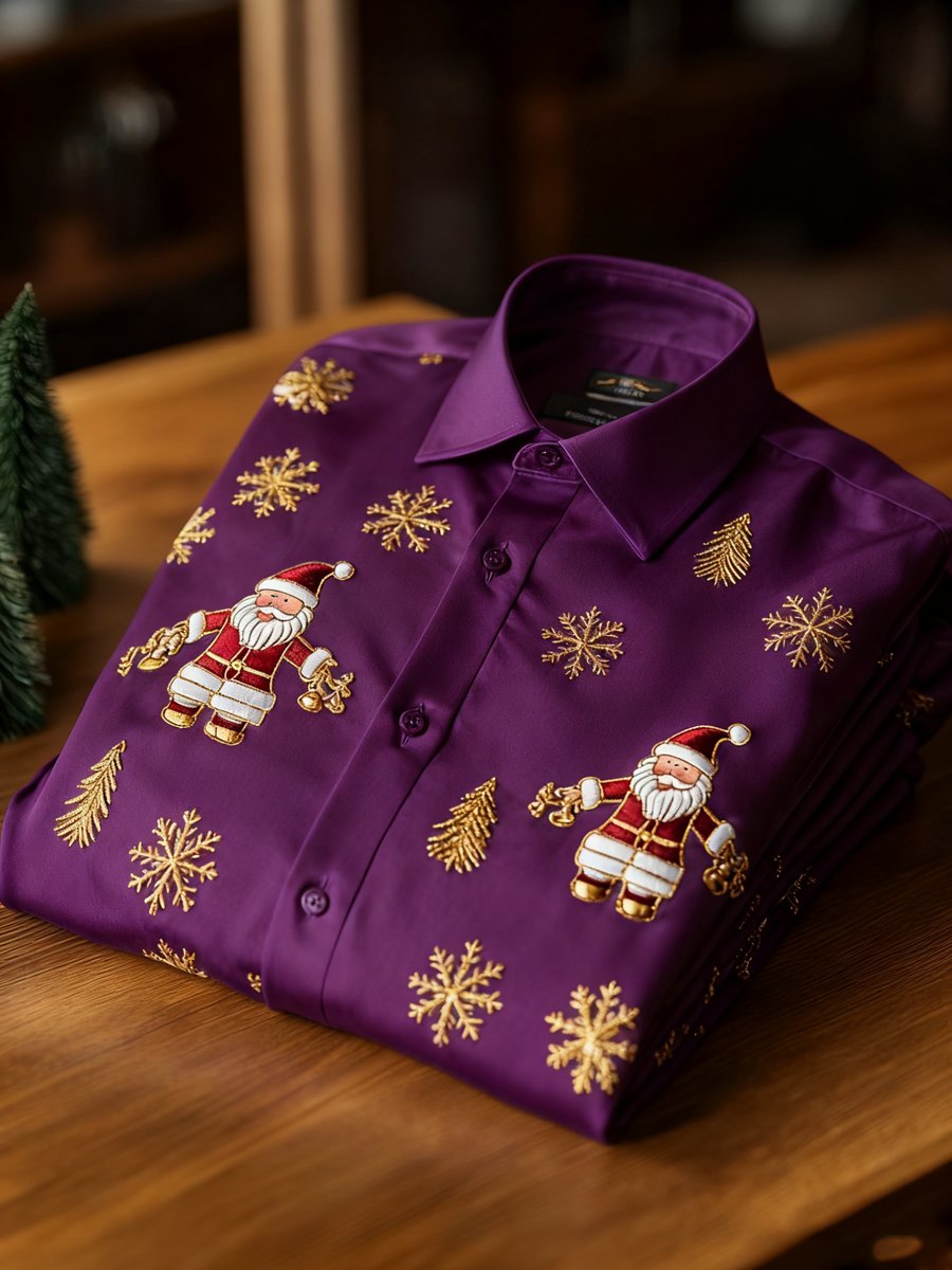 Camisa ejecutivo retro New Year Christmas estampado de manga larga para hombre