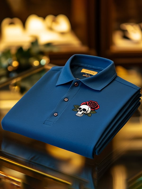 Camisa polo ejecutivo casual Skull estampado con botones para hombre