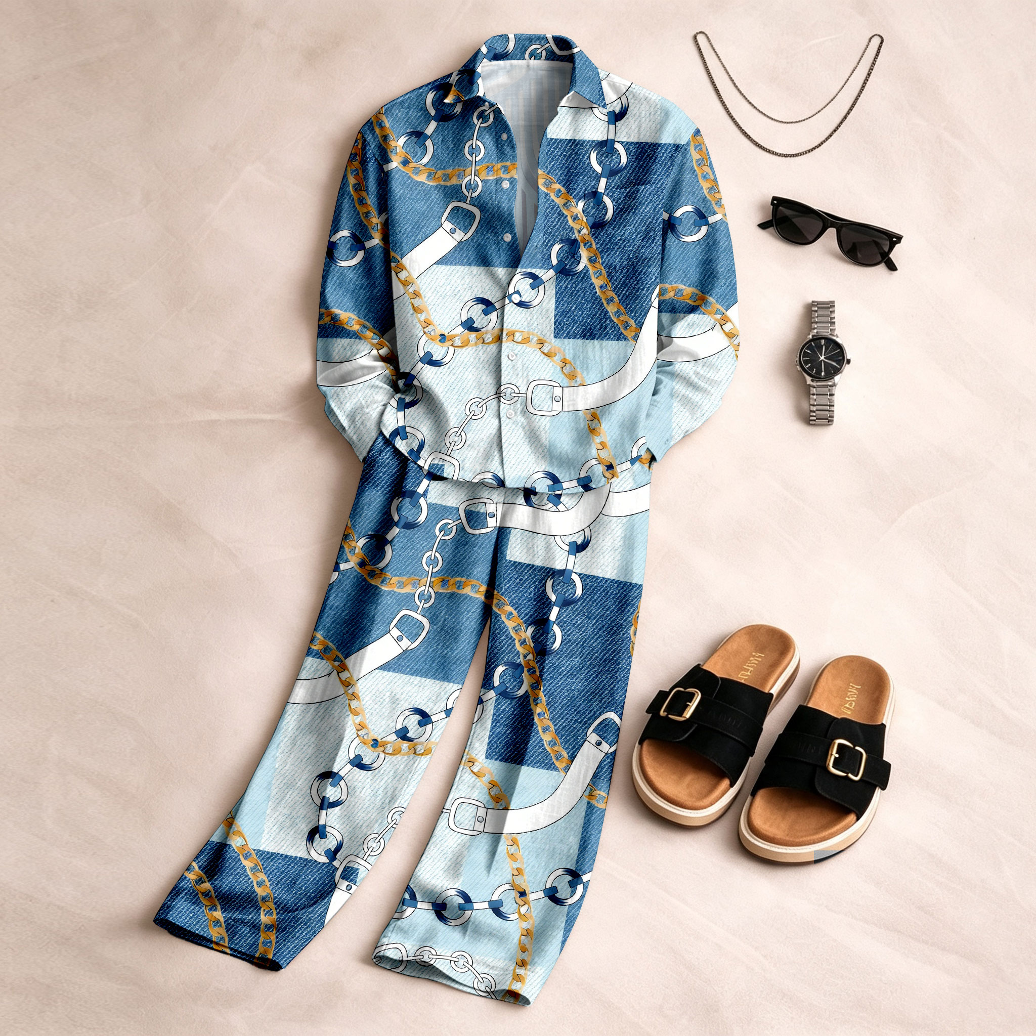 para hombre Denim-Style Checkered Print de manga larga camisa and pantalón Set
