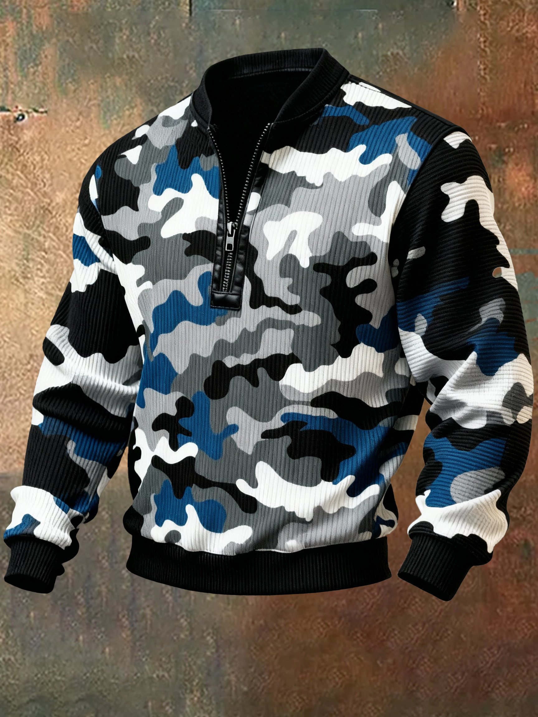 Sudadera casual retro Contrast Color Half Zip Stand cuello de manga larga para hombre